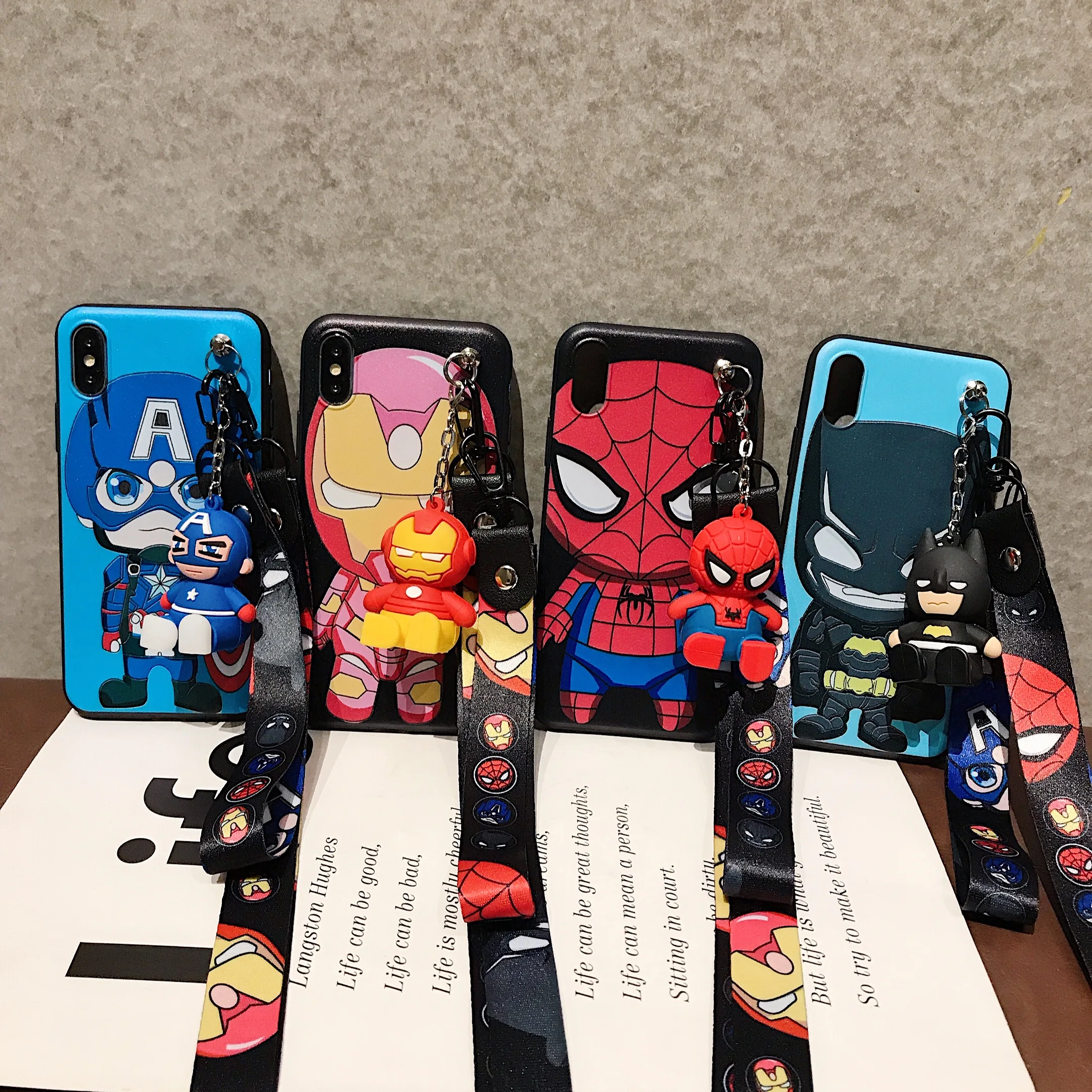 For iPhone 6 6s 7 8 X Xs Max XR 11 12 13 14 15 16 Pro SE Max Spiderman Iron Man Captain America Phone Case With Holder Rope