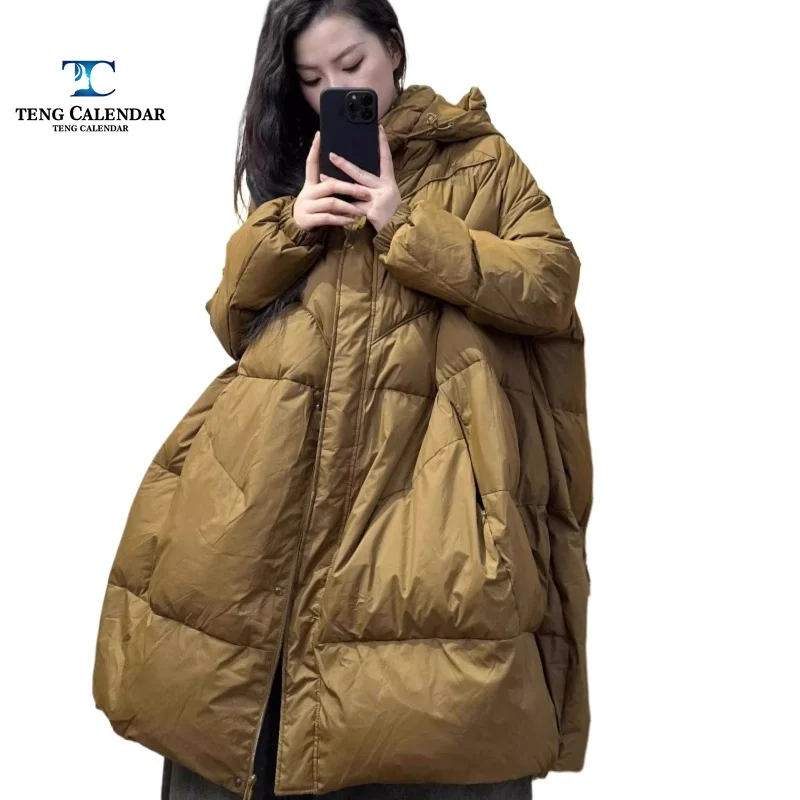 フード付きふわふわAラインダウンジャケット、ヨーロッパ風オーバーサイズゆったりホワイトダックダウン暖かいジャケット、2025年冬新作