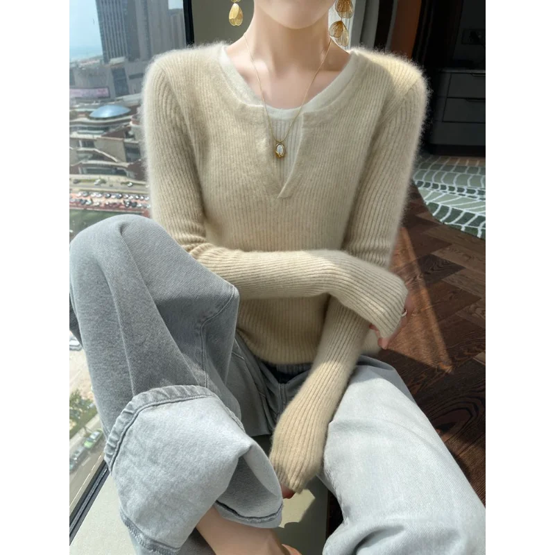 

Искусственный утолщенный женский полосатый свитер с круглым вырезом из двух частей, сложенный свитер с v-образным вырезом