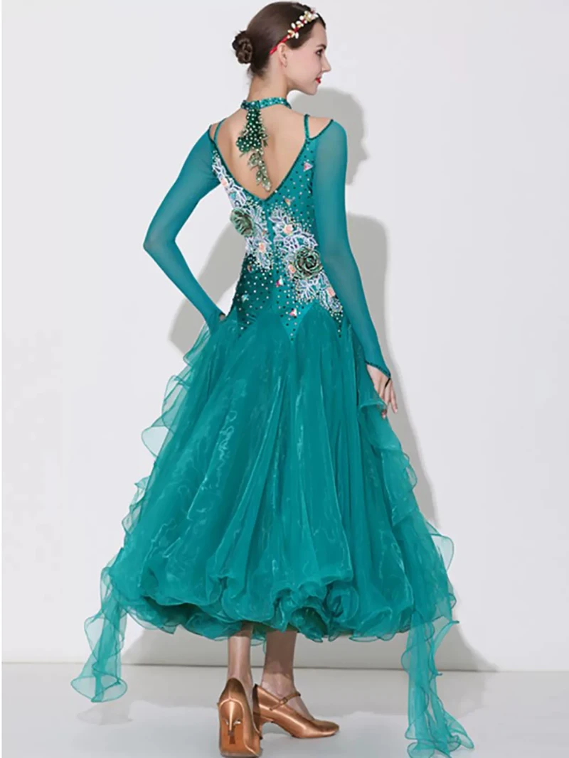 Falda de diamante brillante para mujer, vestido de baile moderno de malla con dobladillo, traje estándar nacional para mujer adulta, Ropa de baile de rendimiento, color verde, S7033