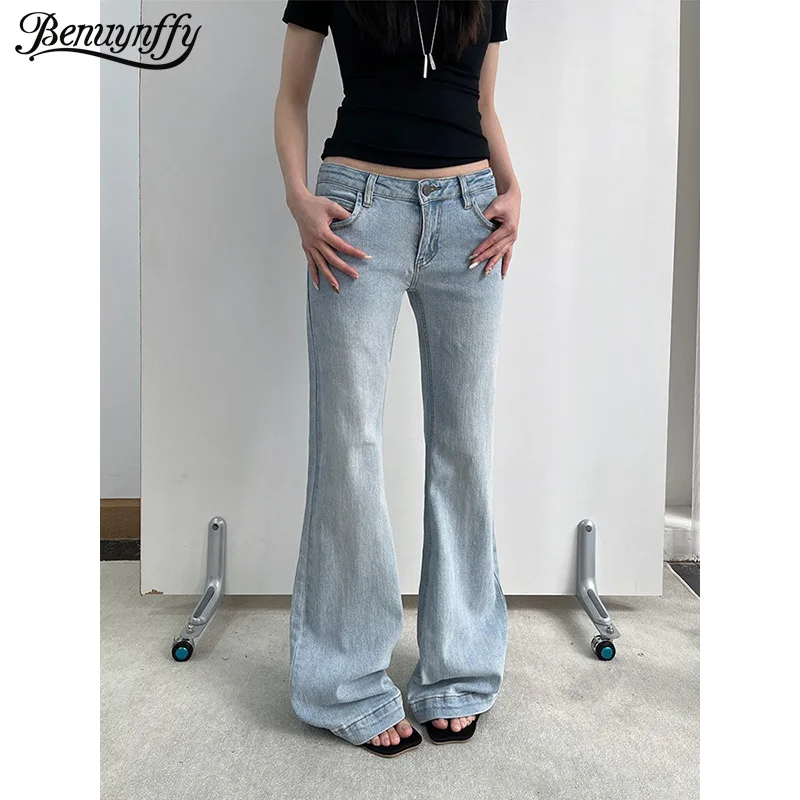 

Benuynffy Vintage Street Style Flare Jeans for Women 2026 Spring New Korean Fashion Slim Fit Low Rise Bell-bottom Denim Trousers