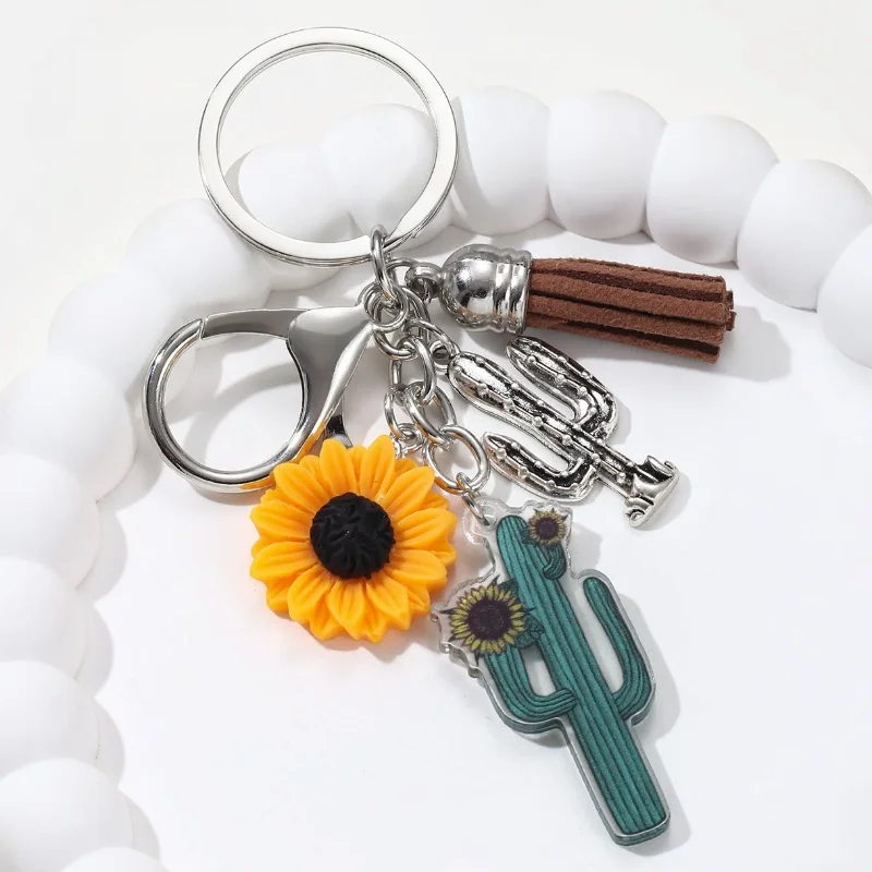 Classic Sunflower Bull Head Cactus Boots Acrylic Keychain Cool Cowboy Hat Key Ring For Men Boys Good Gift Handmade Jewelry Set