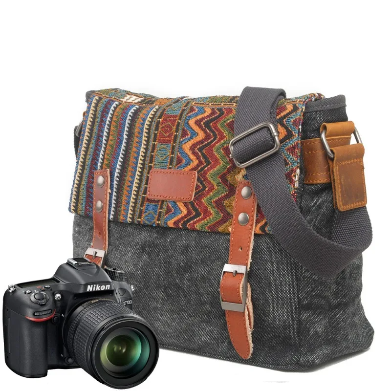 Casual ethnic style SLR camera bag Removable interior camera bag Single shoulder crossbody bag Diagonal bag Small square bag