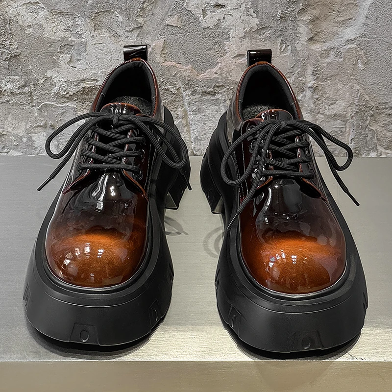 

High End New Men Black Mirror Thick Sole Round Toe Derby Shoes Retro Height Increasing Personalized Youth Fashion Shoes