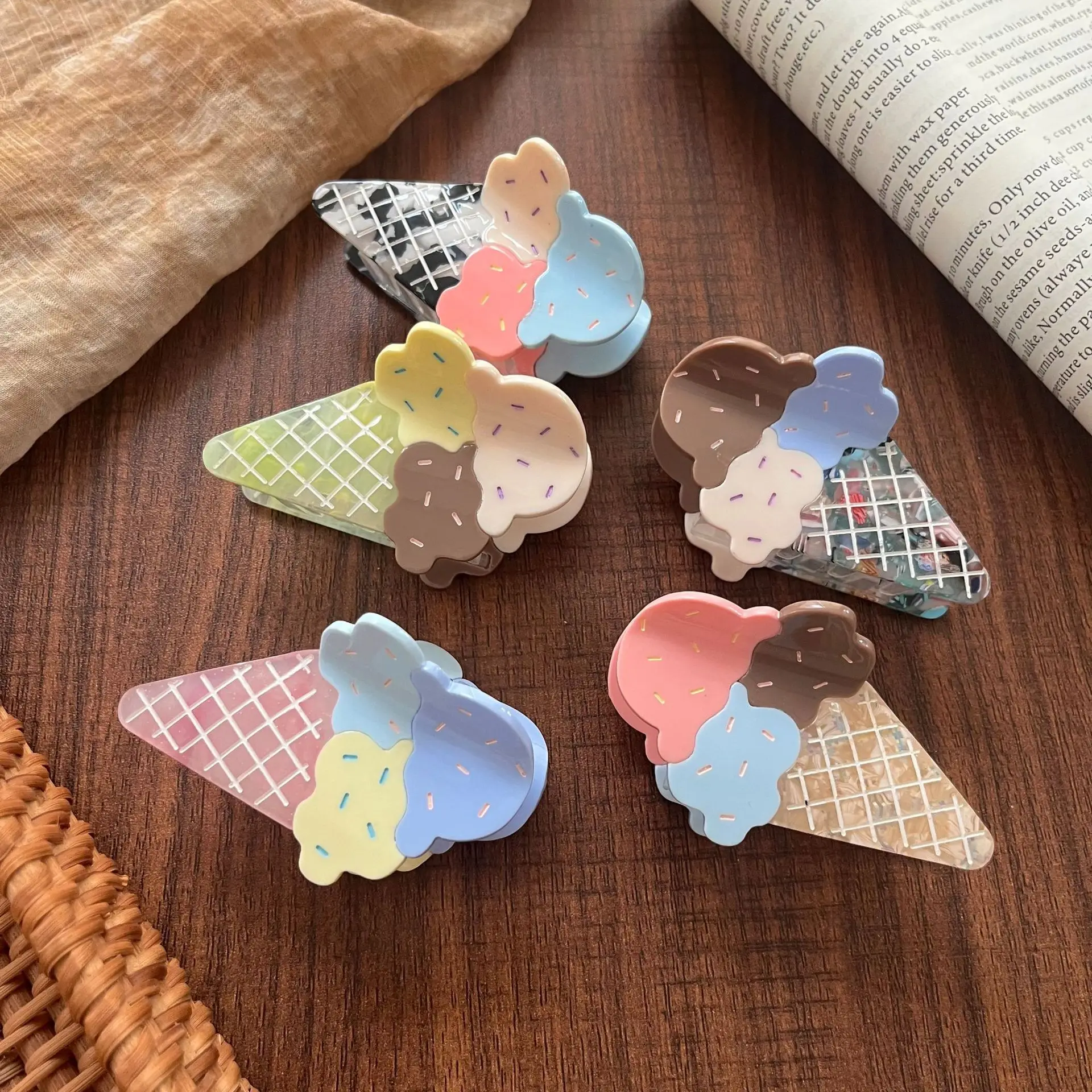 Cute Ice Cream Waffle Cone Hair Claw Clip Sweet Macaron Color Acetate Large Hair Grab Barrette Summer Kawaii Hair Accessories fo