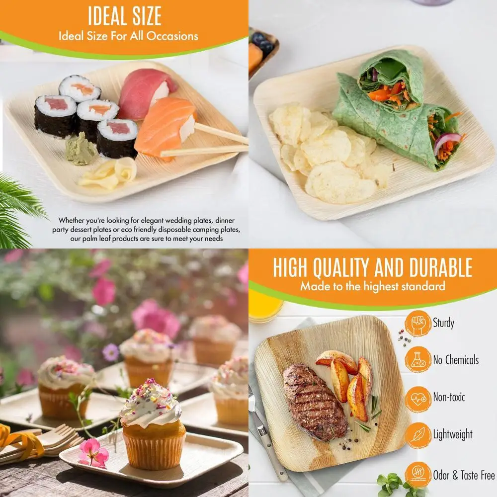 

100 Pack 6 Square Palm Leaf Plates, Eco-Friendly Disposable Tableware for Events & Outdoor Dining