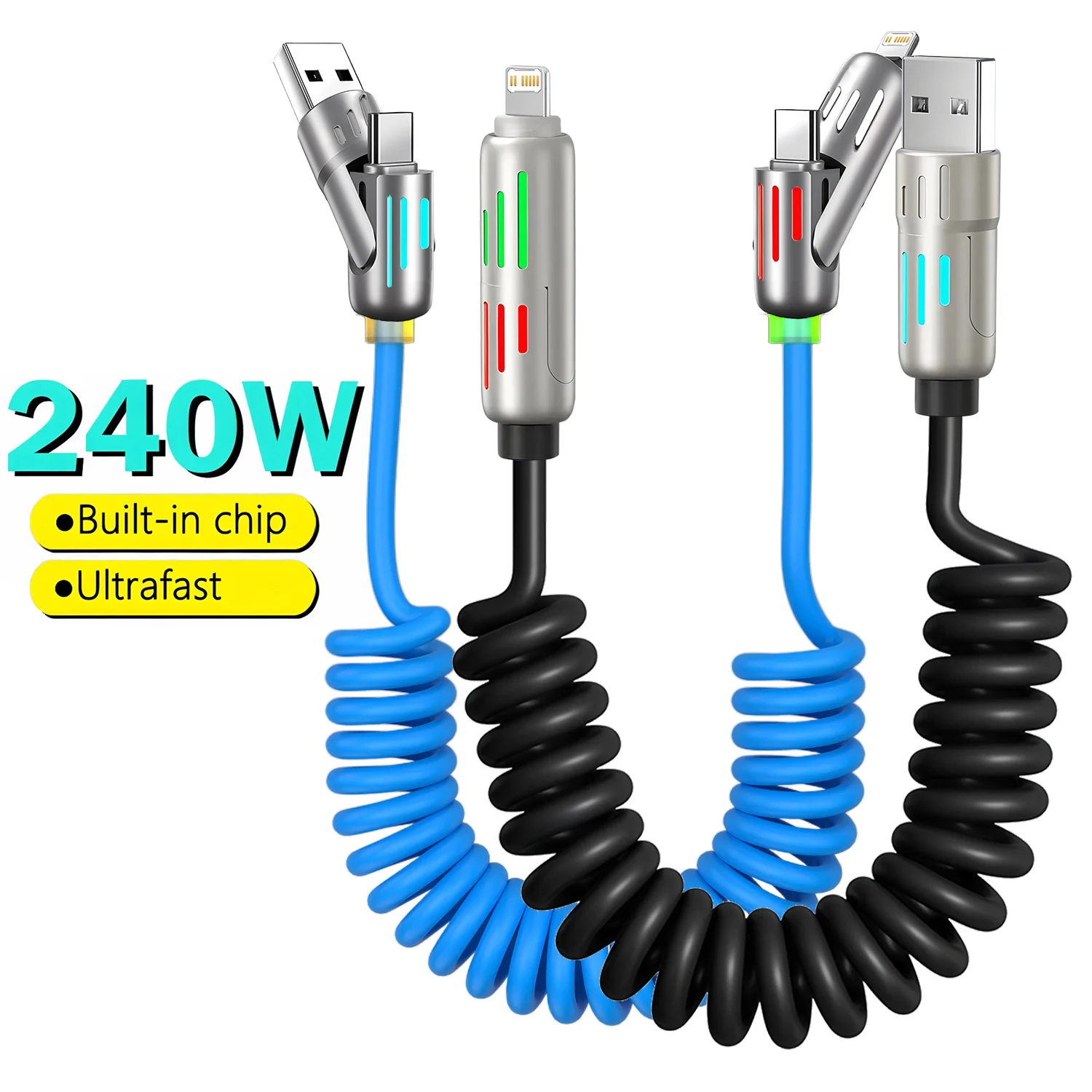 

240W Spring Stretching 2 In 2 Fast Charging Cable For iPhone Micro USB Type-C Phone Charger USBC Data Cable with luminous LED