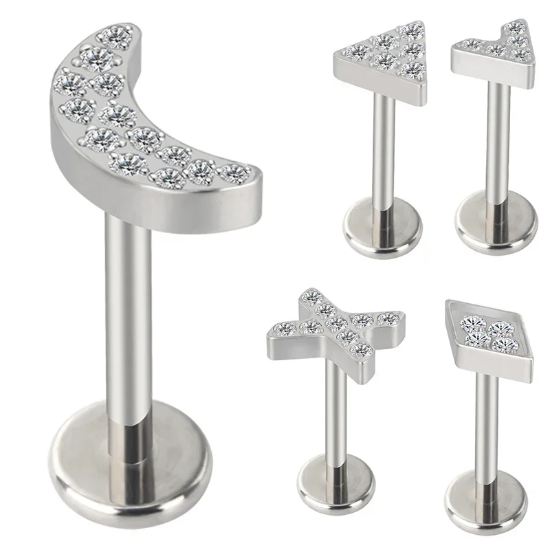 

G23 Titanium EAR PIERC V X Moon Triangle Shape Zircon Paved Top Labret Ear Lip Studs Tragus Earring Helix Body Pircing Jewelry