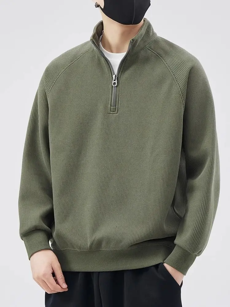 

High-end Semi Zip Hoodie for Men in Spring and Autumn 2024 New Loose Trendy Brand Pullover Stand Up Collar Solid Color Hoodie