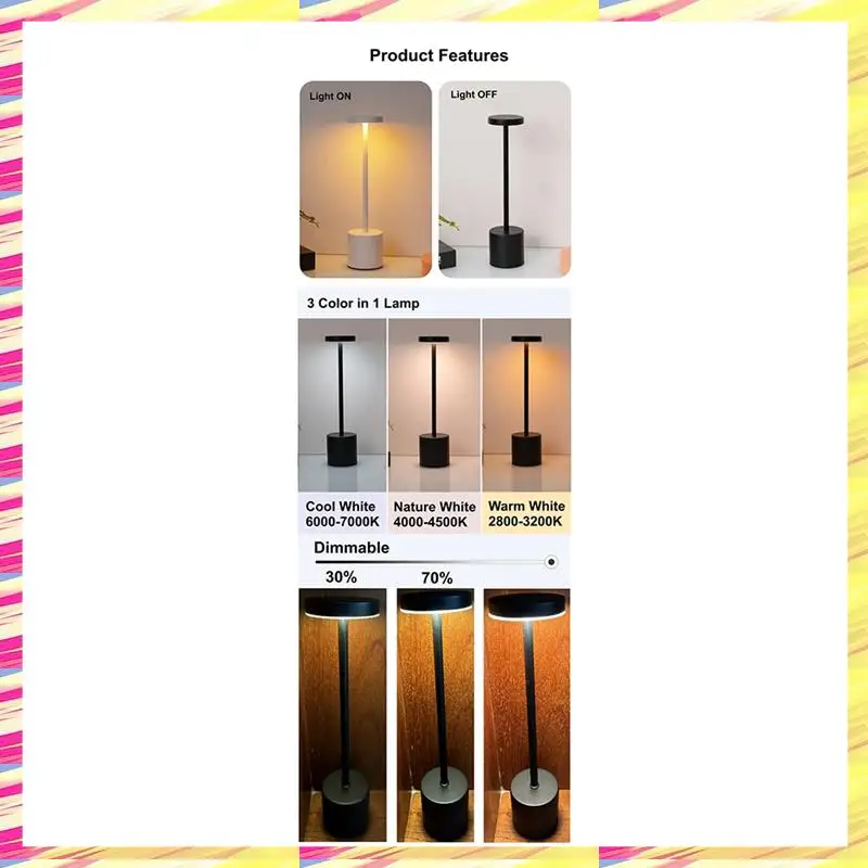 

ABJJ Type C Rechargeable LED Table Lamp Touch Switch Bedside Night Light Portable 3 Color Desk Lamp For Club Bar Room