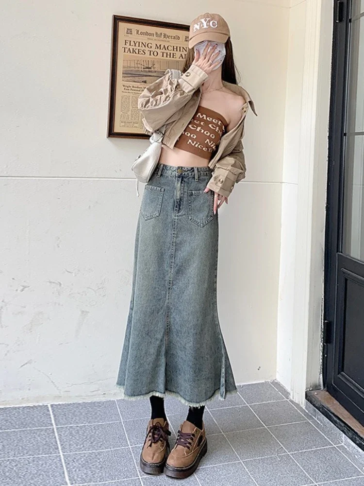 

Новая весенне-осенняя женская модная джинсовая юбка в стиле ретро с высокой талией, нишевая дизайнерская юбка «рыбий хвост», джинсовые юбки трапециевидной формы для женской одежды
