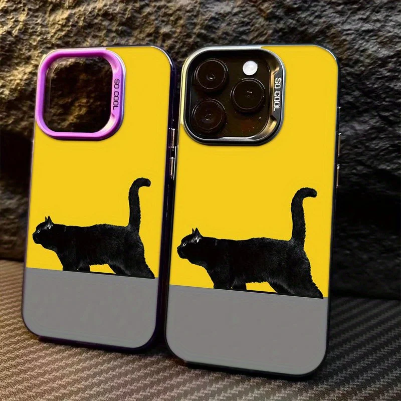 

Cat is walking on a yellow background case for iPhone 16 15 14 13 12 11 Pro/ Max/Plus shock-proof rear cover anti-fingerprint