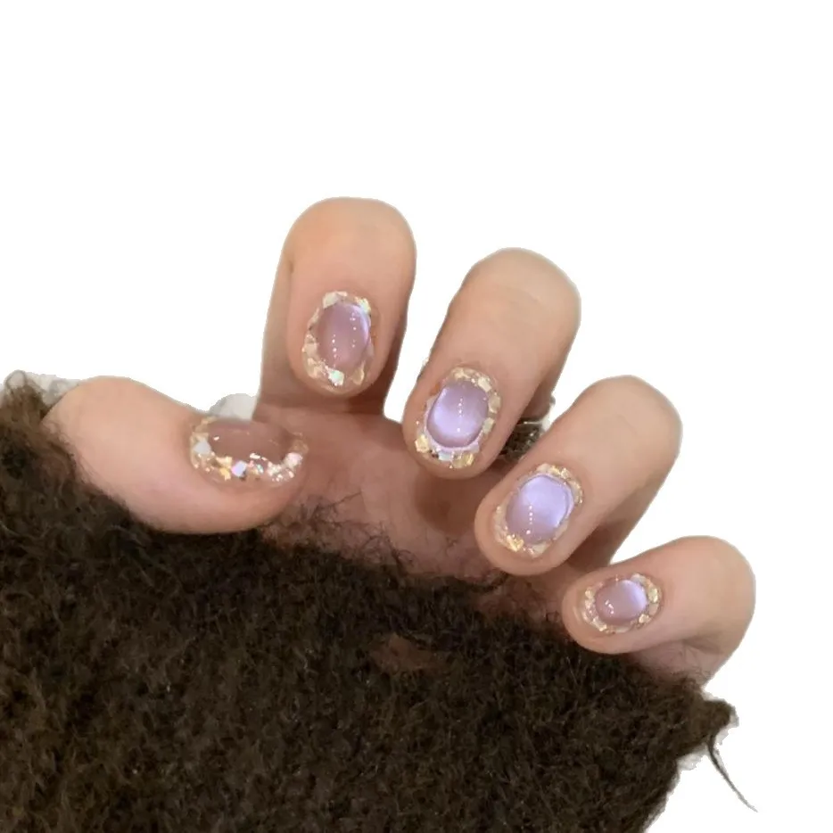 10pcs Handmade Press on Nails Purple Moonlight Cat's Eye Flash False Nail for Women&Girl Short Removable Wearable Fake Nail Art
