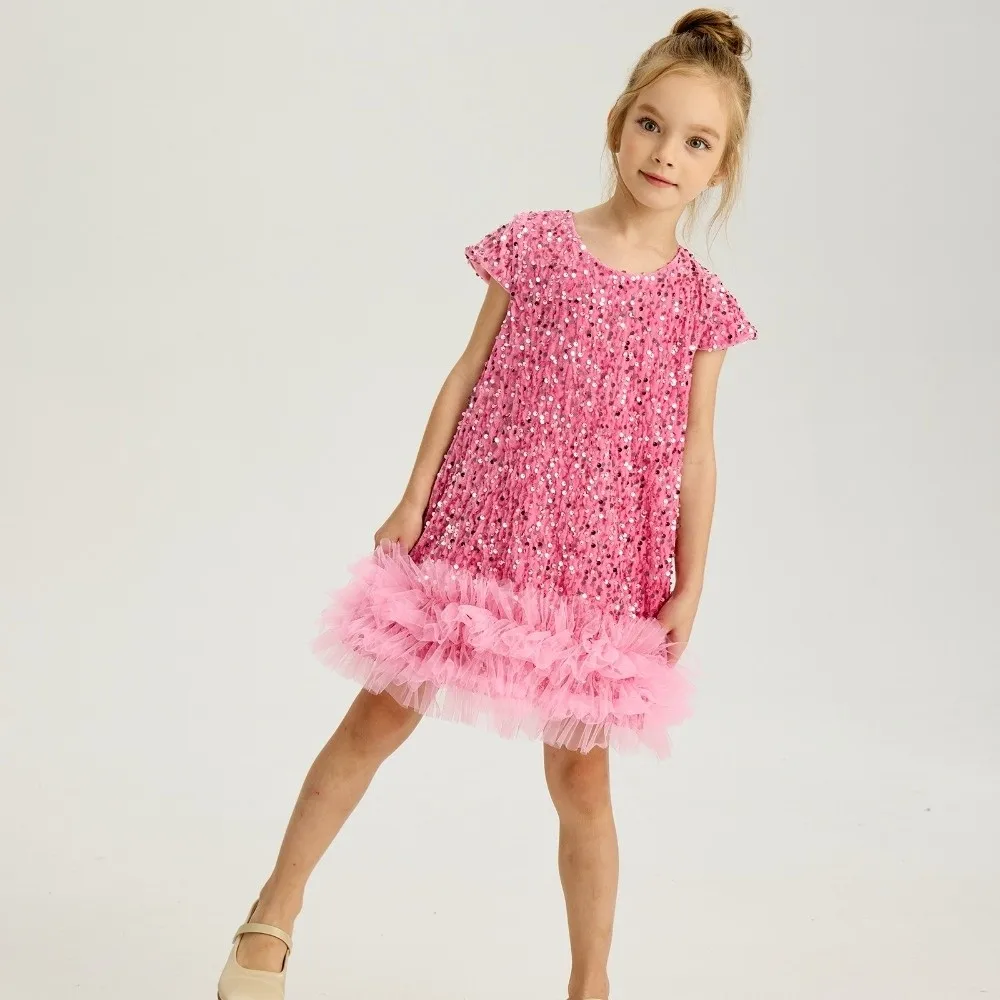 New Short Sleeved Girls Sequined Vest Skirt Fluffy Mesh Sequin Girls Dress Costume Elegant Princess Tutu Dress Halloween view 4