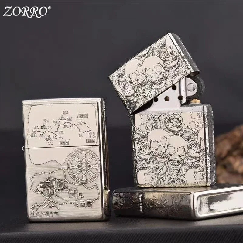 Zorro Retro Weiß Kupfer Kerosin Feuerzeug Winddicht Schleifscheibe Zündung Kreative Gravur Metall Feuerzeug DIY Spielen Geschenk