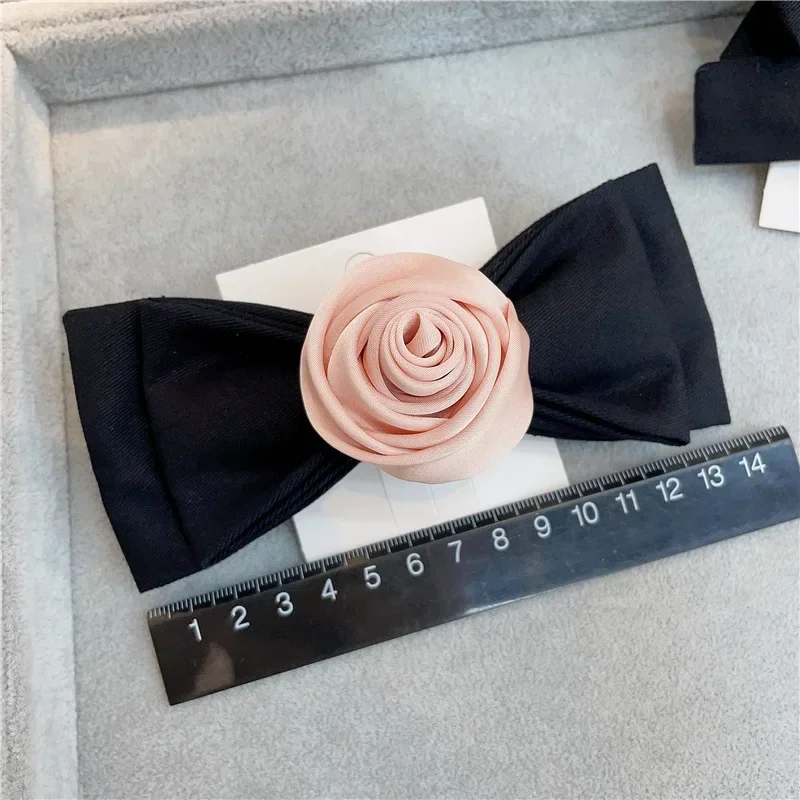 Elegant Ribbon Rose Flower Hair Pins for Women Balck Bow Hair Clips Headwear Korean Fashion Headpiece Ladies Hair Accessory