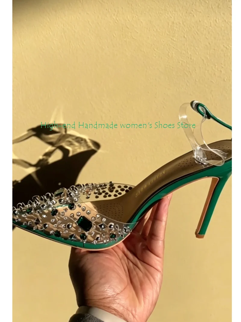 Pointed Transparent Material Green Irregular Rhinestone Decoration High Heels Women's Shoes Shallow Ankle Clasp Banquet Shoes