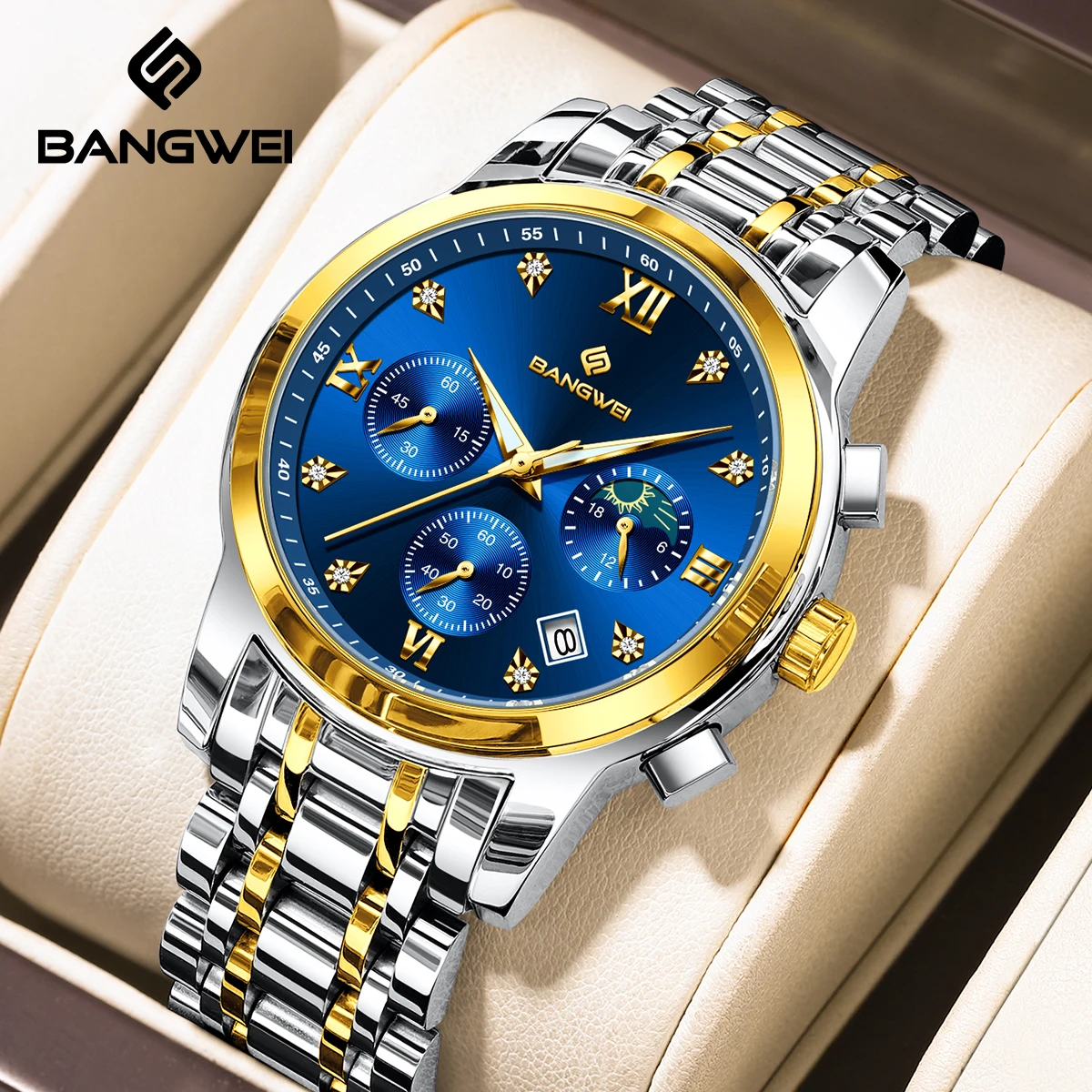 

New Fashion BANGWEI Original Design Man Watch Fashion Luxury Auto Date Moon Phase Waterproof Casual Sport Quartz Watches for Men