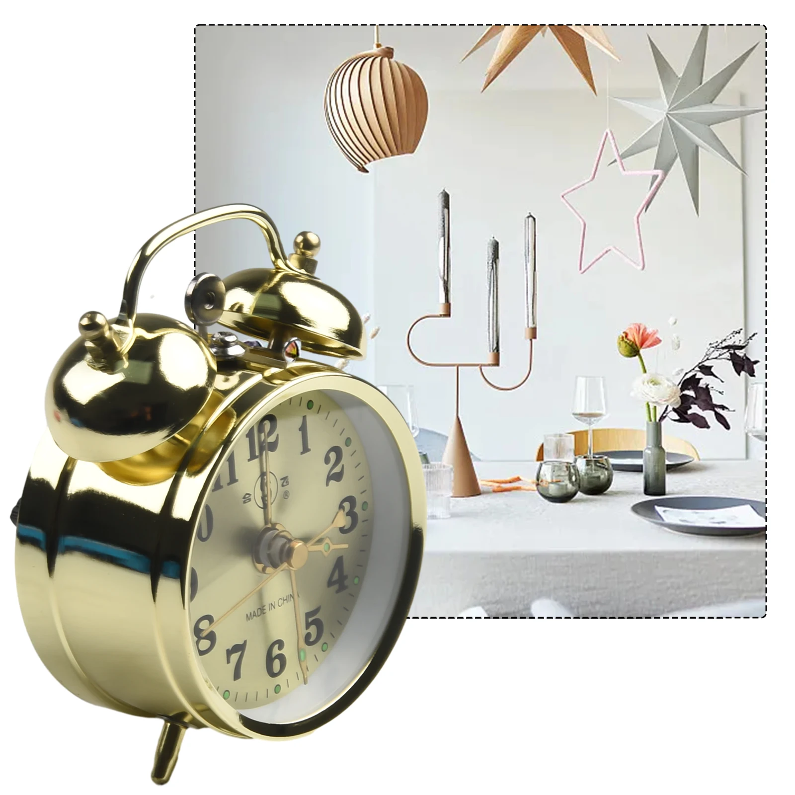 Mechanical Wind-Up Alarm Clock in Horseshoe Design Made of Metal with Bell Rod Functionality and Classic Analog Timekeeping