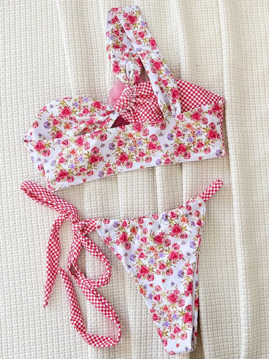 Bikini de corte alto con un hombro y flores en 3D para mujer, traje de baño femenino, conjunto de Bikini de dos piezas, traje de baño con Tanga