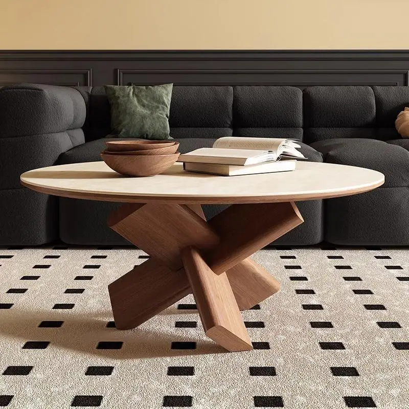 Solid wood retro rock slab coffee table small apartment living room middle ancient round edge table wabi sandy wind Luban lock