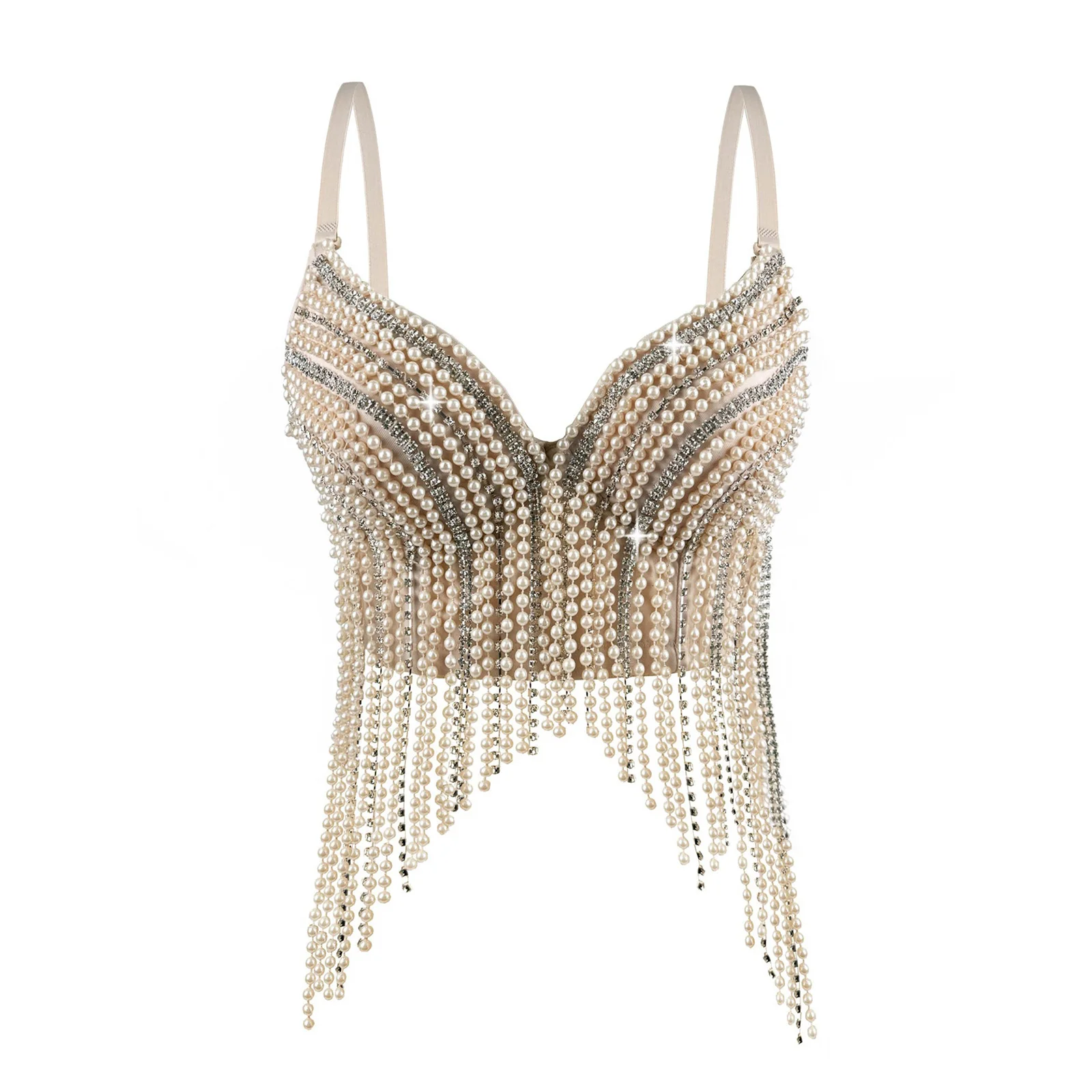 

Women Tassel Bustier Vest Push-up Underwire Bra Plastic Beads And Rhinestones Tassel Crop Tank Top Camisole for Dance Club Party