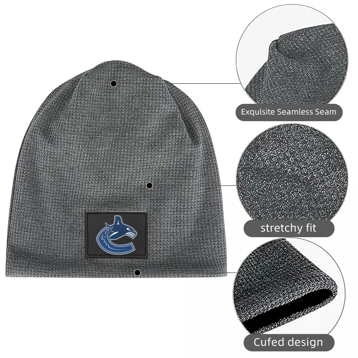 Eel Hockey Vancouver Canucks Merch Waffle Knit Fleece Lined Beanie with PU Leather Patch Unisex Warm Winter Soft Cap