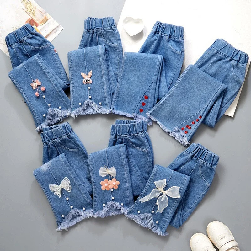 Autumn Girls Jeans Fashion Bow Elastic Waistline Denim Flared Pants Solid Color Trousers Teenager Spring Kid Girl Clothes 1-12 Y