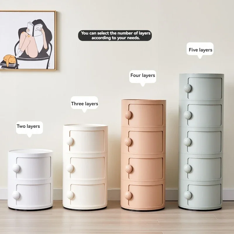 

Nordic Creative Round Bedside Table Multi-Layer Storage Cabinet with Button Sliding Door for Bedroom Kitchen and Living Room