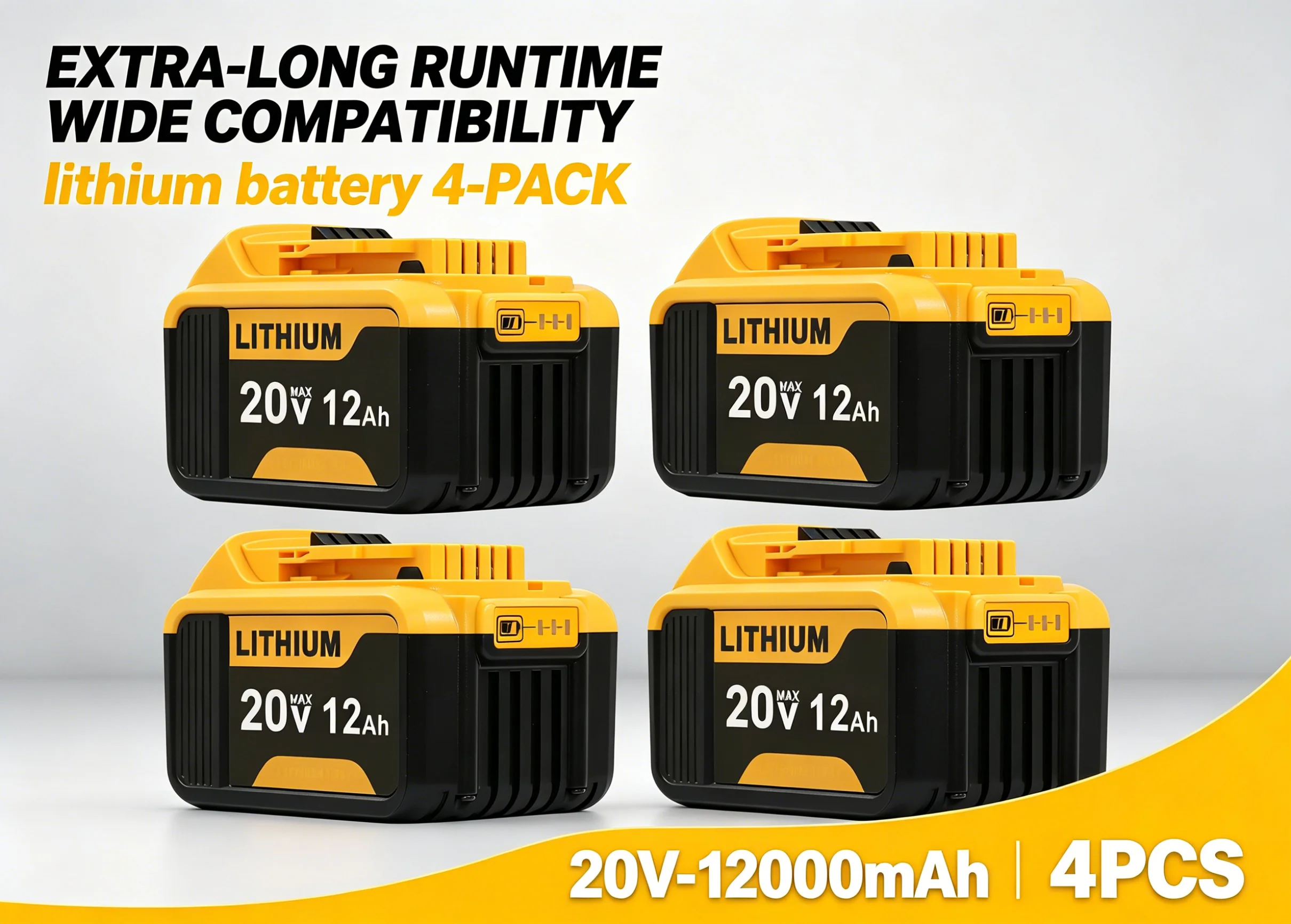 

4 Pack 20V Max 12.0Ah Battery Replacement Compatible with Dewalt 20V Tools LED Indicator High Capacity Li-ion Power Tool Battery