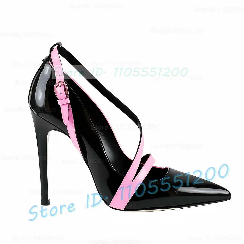 Pink Cross Buckle Strap Black Patent Leather Pumps Ladies Pointy Toe Stiletto Dress Thin Heels Sexy Night Club Cover Heel Shoes