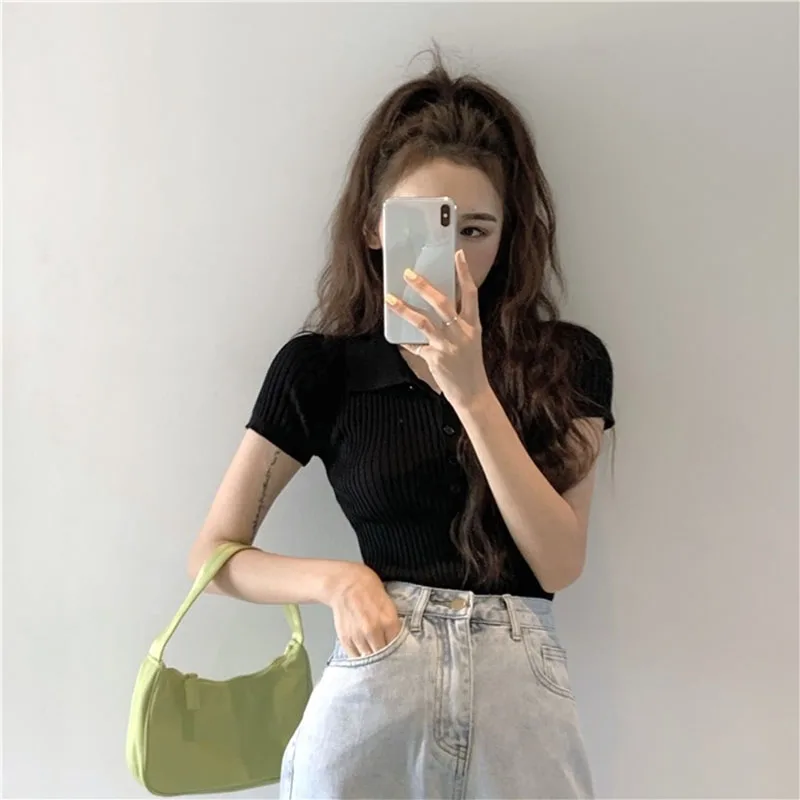 2025 جديد المرأة الصيف موضة عادية ريترو بولو طوق بلون الخصر قصيرة الأكمام تي شيرت الفرنسية شيك ضيق TopSweater