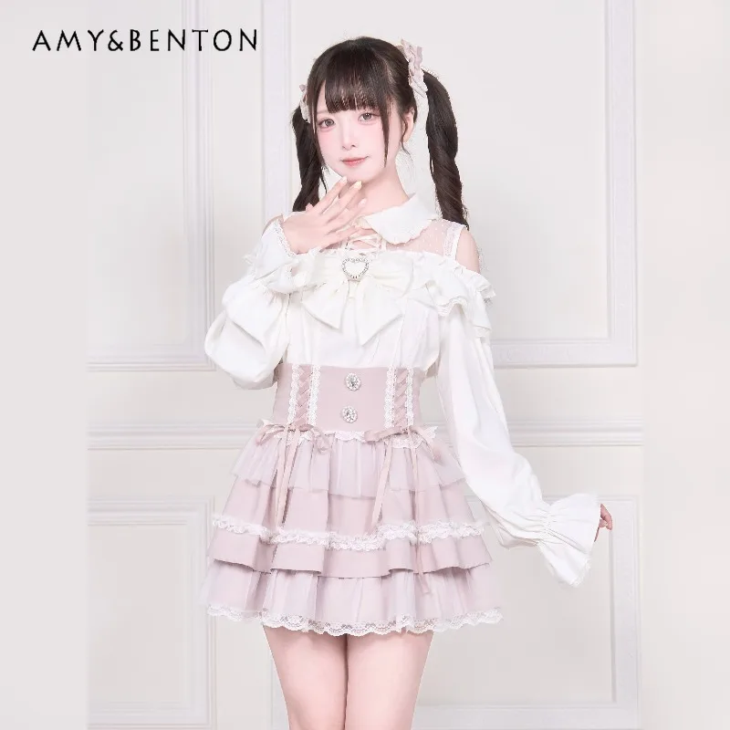 เสื้อเชิ้ตแขนยาวลายจุดสไตล์โลลิต้าญี่ปุ่น ซีรีส์ Mine สำหรับผู้หญิง ผลิตจำนวนมาก แนวซับคัลเจอร์ แต่งลูกไม้ ไหล่เฉียง ดีไซน์หวาน