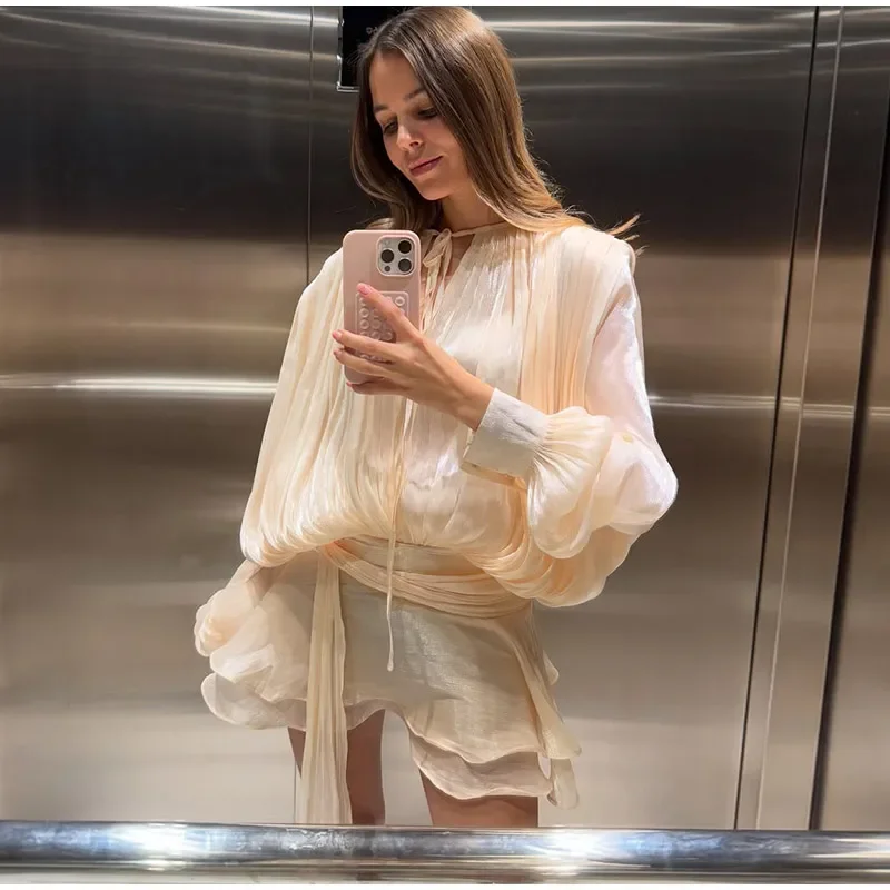 Elegant Ruched Mini Dress For Women Round Neck Lantern Long Sleeve High Waist Temperament Dresses Female Fashion 2025 CLOTHING image 2
