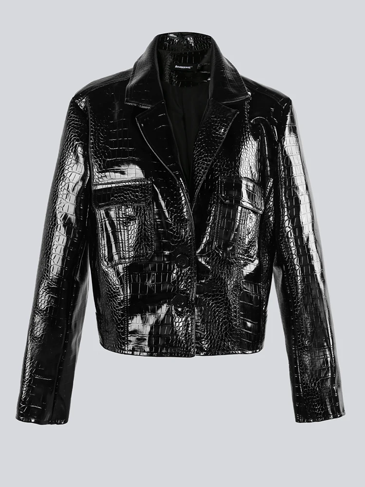 NieR クロコダイル柄BICOLOR FAKE LEATHER JACKET Nerazzurri Autumn Short Cool Green Black Hard Shiny Crocodile