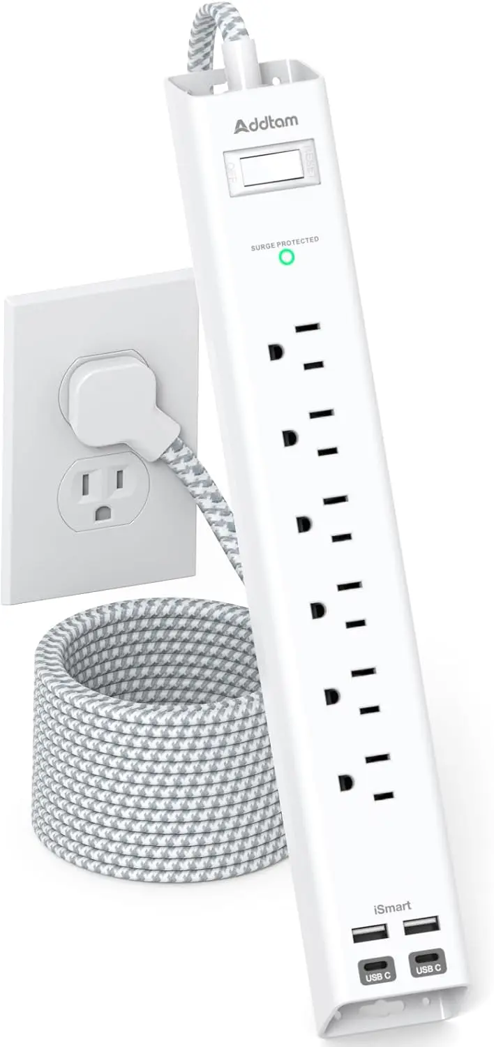 

10ft Extension Cord with 6 Outlets & 4 USB (2 USB-C), Flat Plug, Wall Mount, Surge Protector for Home Office