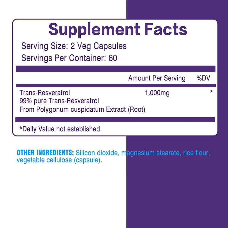 Resveratrol Supplement - 99% Trans-resveratrol, Healthy Aging, Brain & Heart Support, Antioxidant