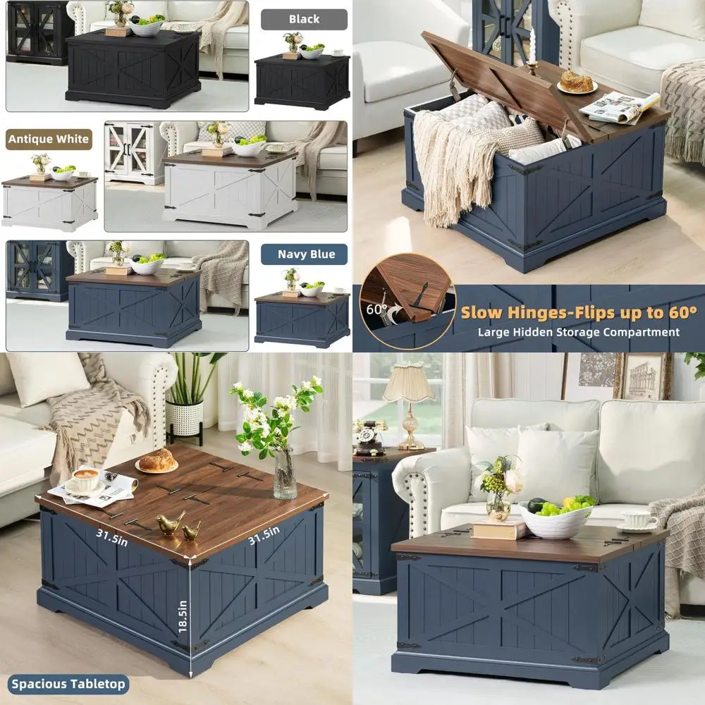 

Navy Blue Rustic Farmhouse Coffee Table with Lift-Top Storage & Wooden Arc Base