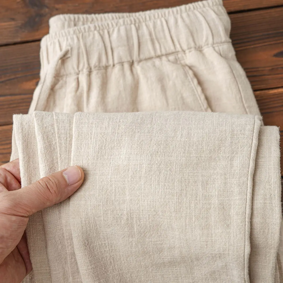 

Khaki Loose Fit Straight Leg Cotton Linen Blend Thin Casual Pants Elastic Waist Dstring Simple Color Autumn Long Tro...