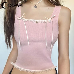 CIBBAR Pink Sweet Coquette Cropped Top Women Cute Bandage Bow Patchwork Metal Star-shape Tank Top Kawaii Summer Tees y2k Vintage