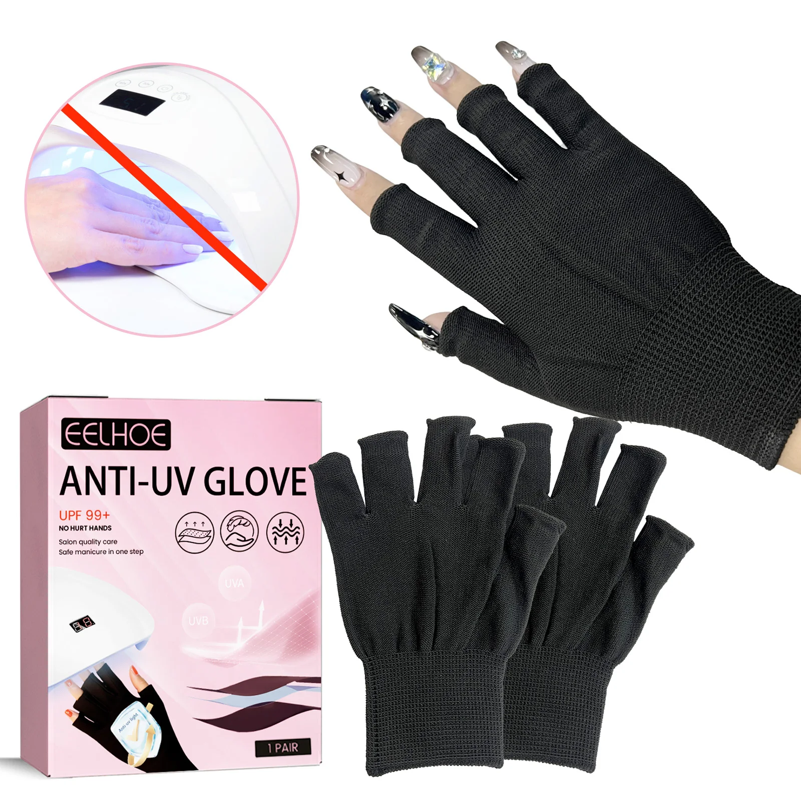 UV Protection Gloves for Gel Nails Reusable Fingerless Anti UVA/UVB Gloves for Nail Lamp Manicure Black Hand Protector for Women