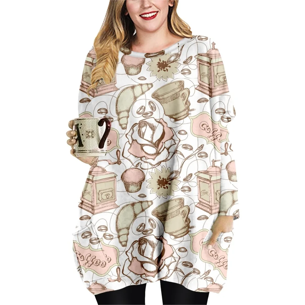 2022 kaffee Druck Frühling Herbst Lose Beiläufige Stil Damen T-shirt Doppel Tasche Kleid Rundhals Langarm Strand Kleid-