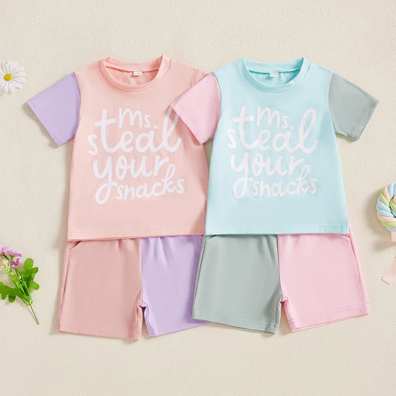 Mubineo Baby Girls Pink Shorts Set Cute Letter Print Short Sleeve Round Neck Tops Elastic Waistband Shorts Contrast Color Outfit