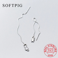 SOFTPIG Real 925 Sterling Silver Asymmetry Hollow Cat Fish Bone Box Chain Tassel Drop Earrings Fine Jewelry For Women Bijoux