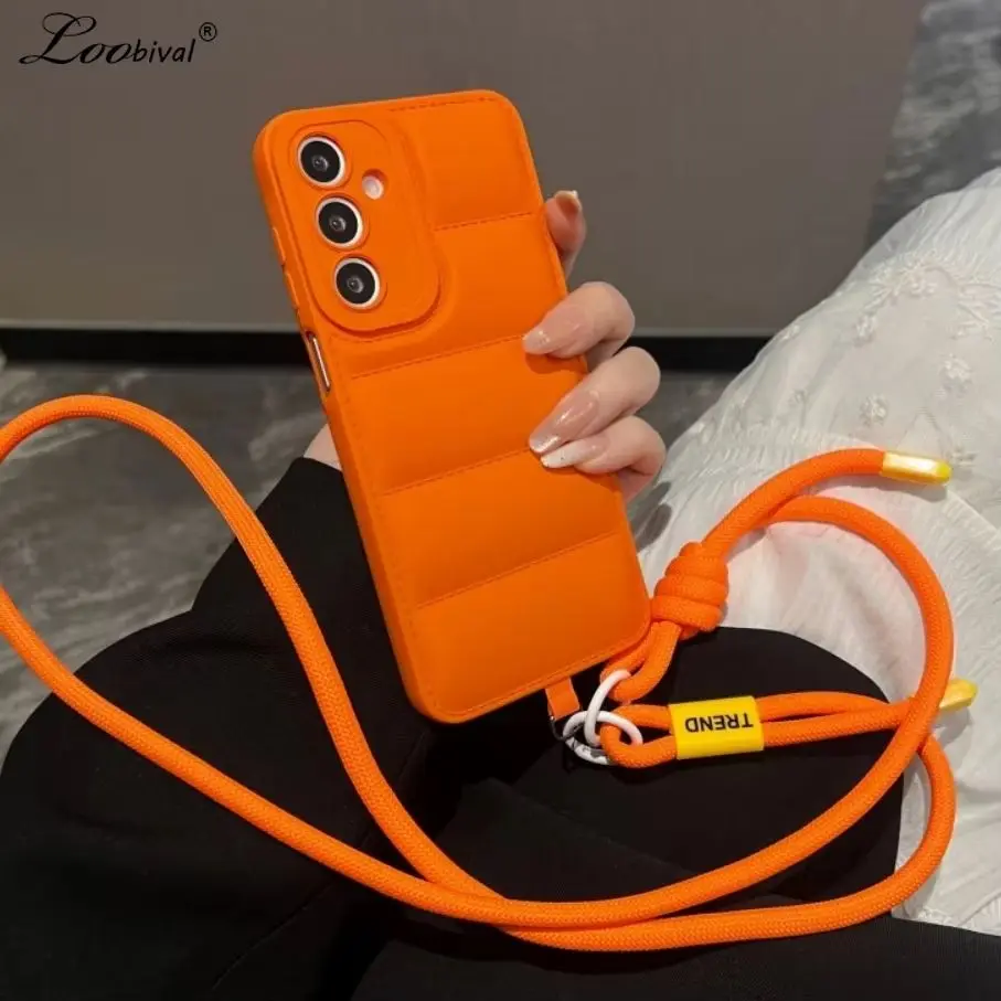 Modische Daunenjacken-Hülle mit Langem Trageriemen für Samsung Galaxy S25 S26 Ultra S24 S23 Plus S22 S21 FE A55 A56 A16 Crossbody Soft Cover