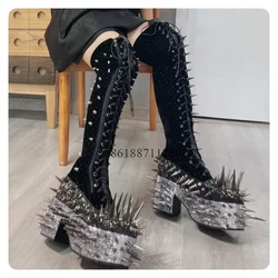 Punk Style Black Round Toe Over The Knee Platform Women Boots With Rivet Chunky High Heels Lace Up Large Size Customized Shoes