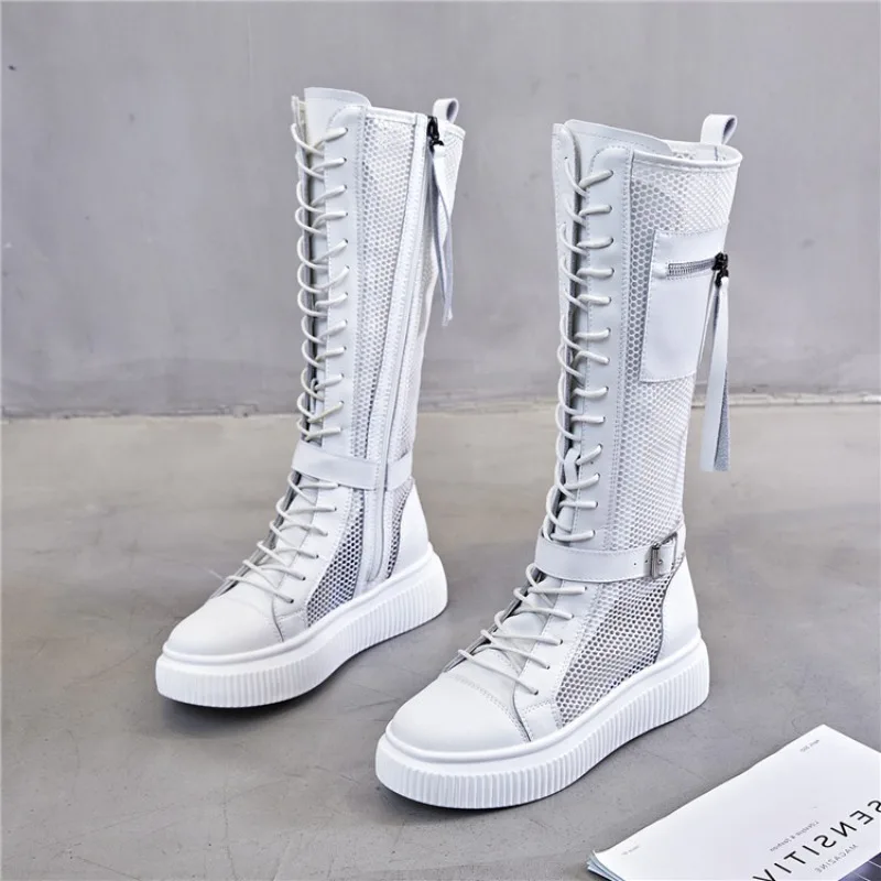 Summer Knight-high Boots Women Casual Shoes Fashion Mesh Hollow Breathable Flat Boots Street Style Ladies Cool Boots