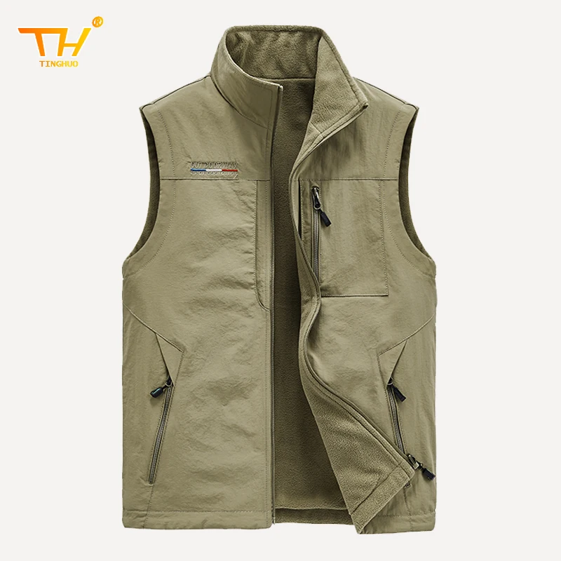 TINGHUO Autumn Winter Men's Vest Double-Sided Vest Coats Men Many Pockets Outdoor Fishing Warm Sleeveless Jacket