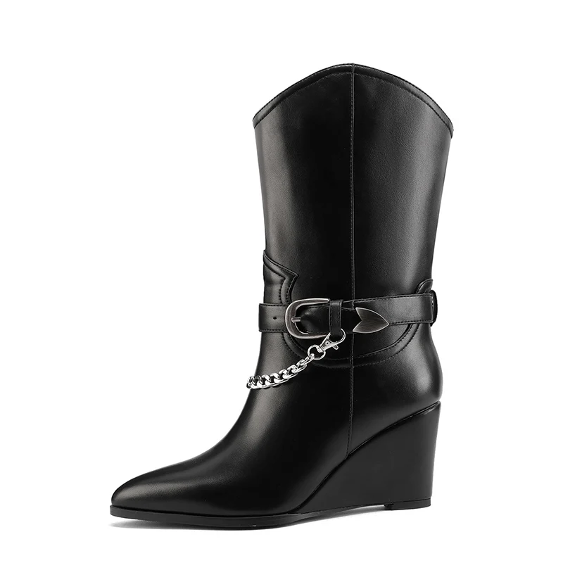 

Women's Pointed Toe Metal Embellished Mid Calf Boots Metal Buckle Fashion Punk Slip On Comfort Ankle Boots