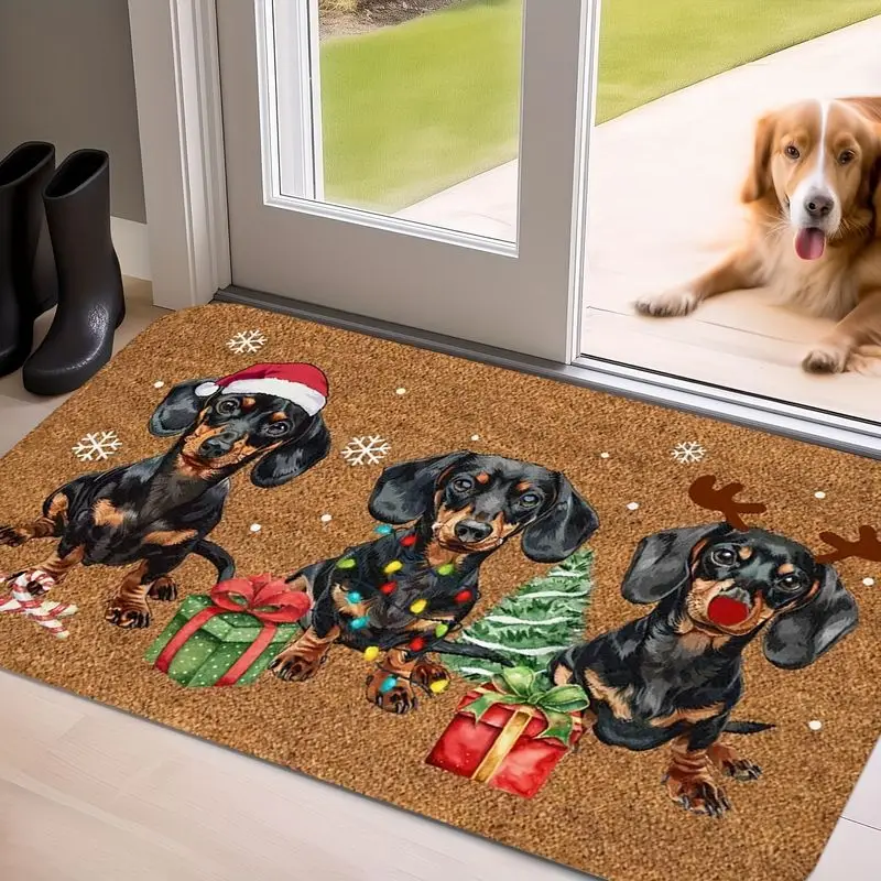VIKAMA Christmas Dachshund Doormat Non‑Slip Welcome Rug Xmas Sausage Dog Floor Mat For Entryway Kitchen Bedroom Home Decor